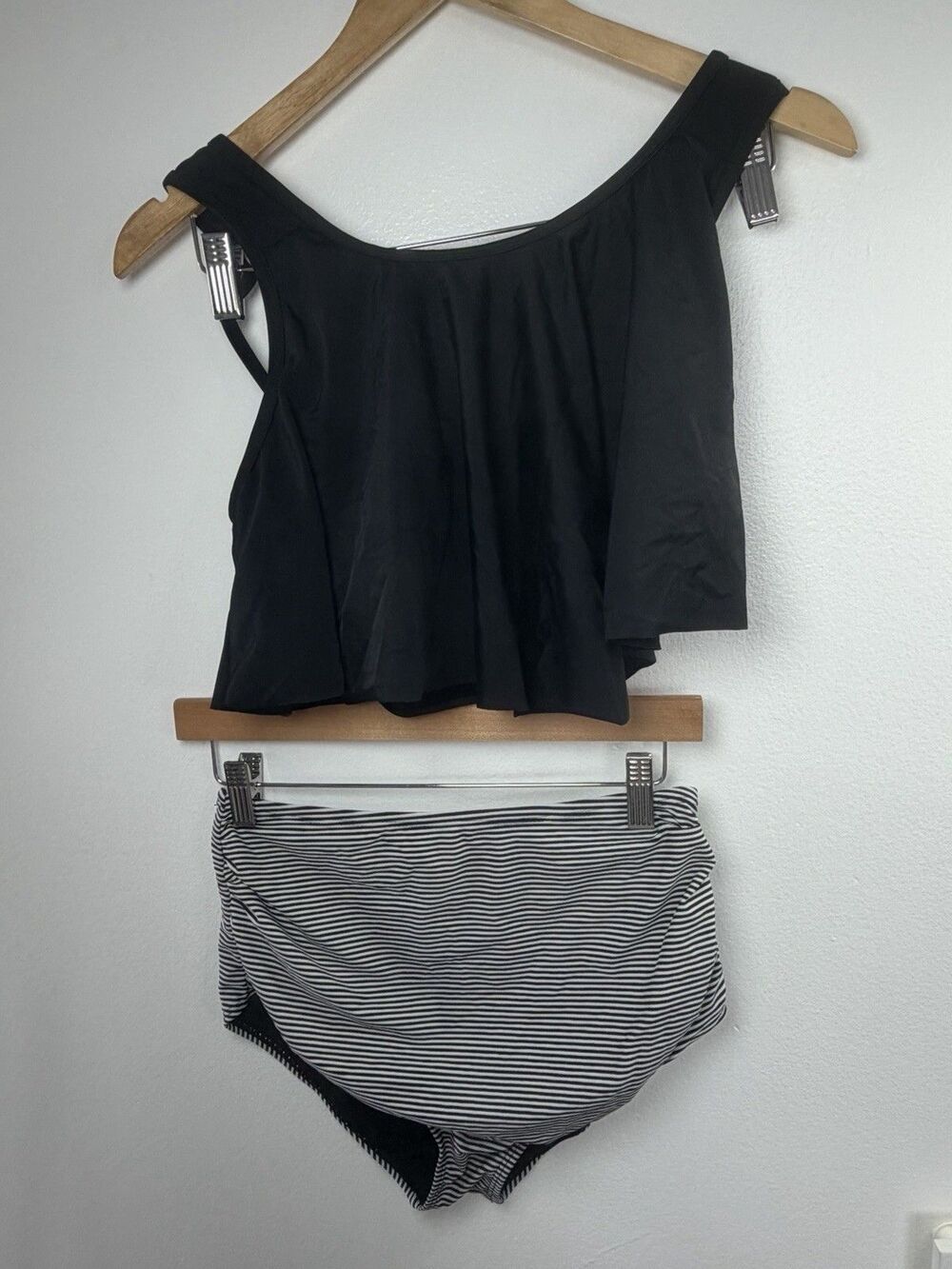 2Piece Tankini Swimsuit Black Ruffle Top Striped High Waist Size S - Picture 3 of 12